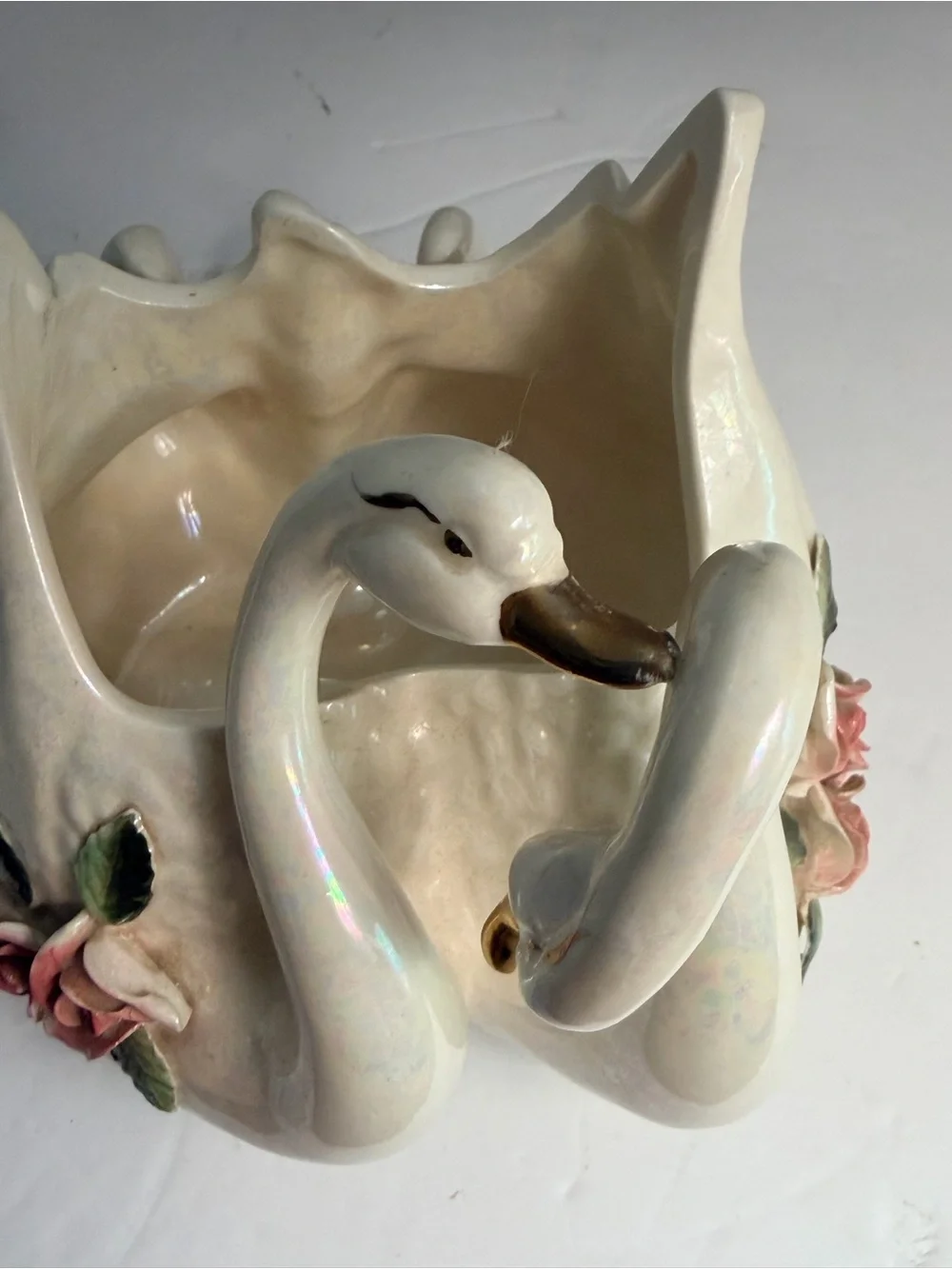 Porcelain Swan Planter with Pink Roses and Gold Accents - Picture 7 of 7